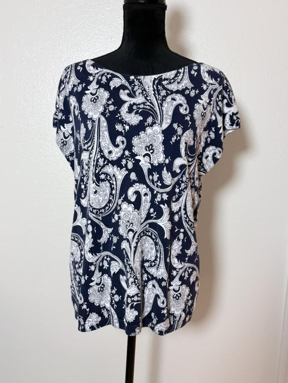 Talbots Navy Blue White Paisley Print Short Sleeve Top Size XL